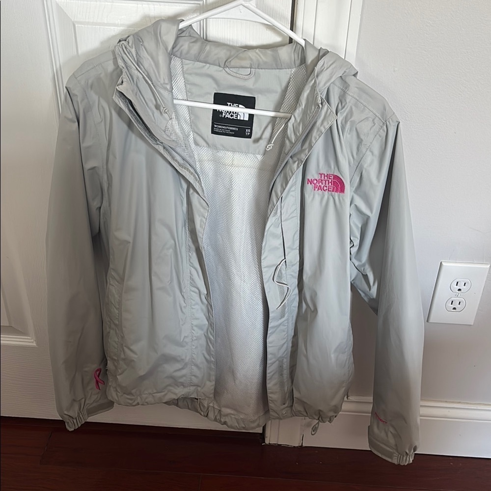 The North Face Gray rain Jacket with Pink Logo